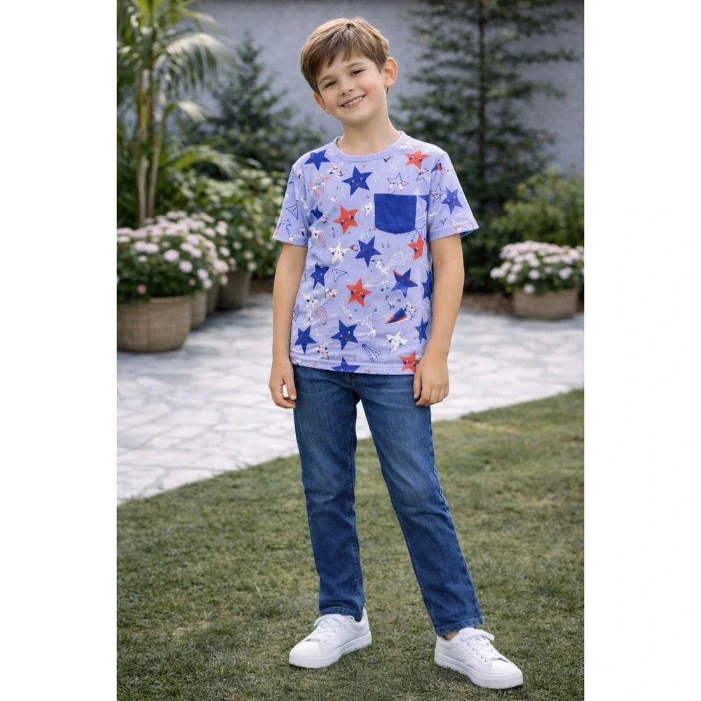 PLAY BY THE LITTLE SLEEPIES Star Print Pocket Tee‎ Boys 8 Blue Red Short Sleeve